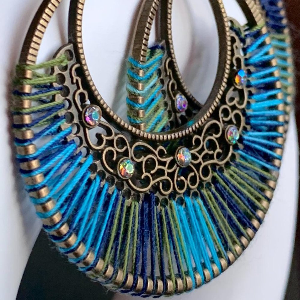 'Vintage' Gold Boho Blue Green Thread Rhinestone Round Filigree Dangle Earrings - Picture 2 of 5